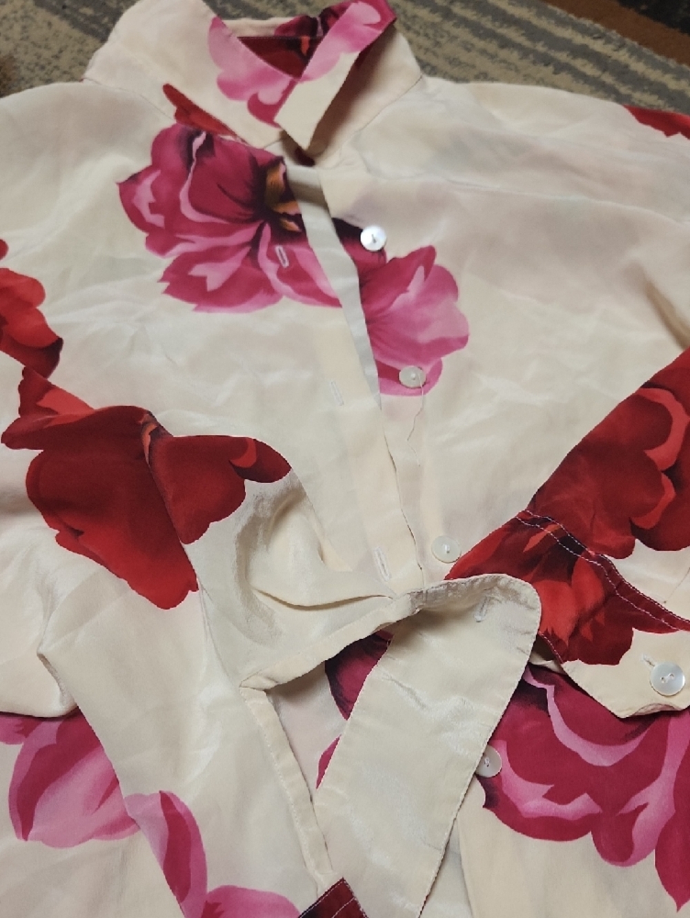 Saks Fifth Avenue Cream Button-Down Shirt with Pink & Red Floral Pattern - Picture 3 of 9